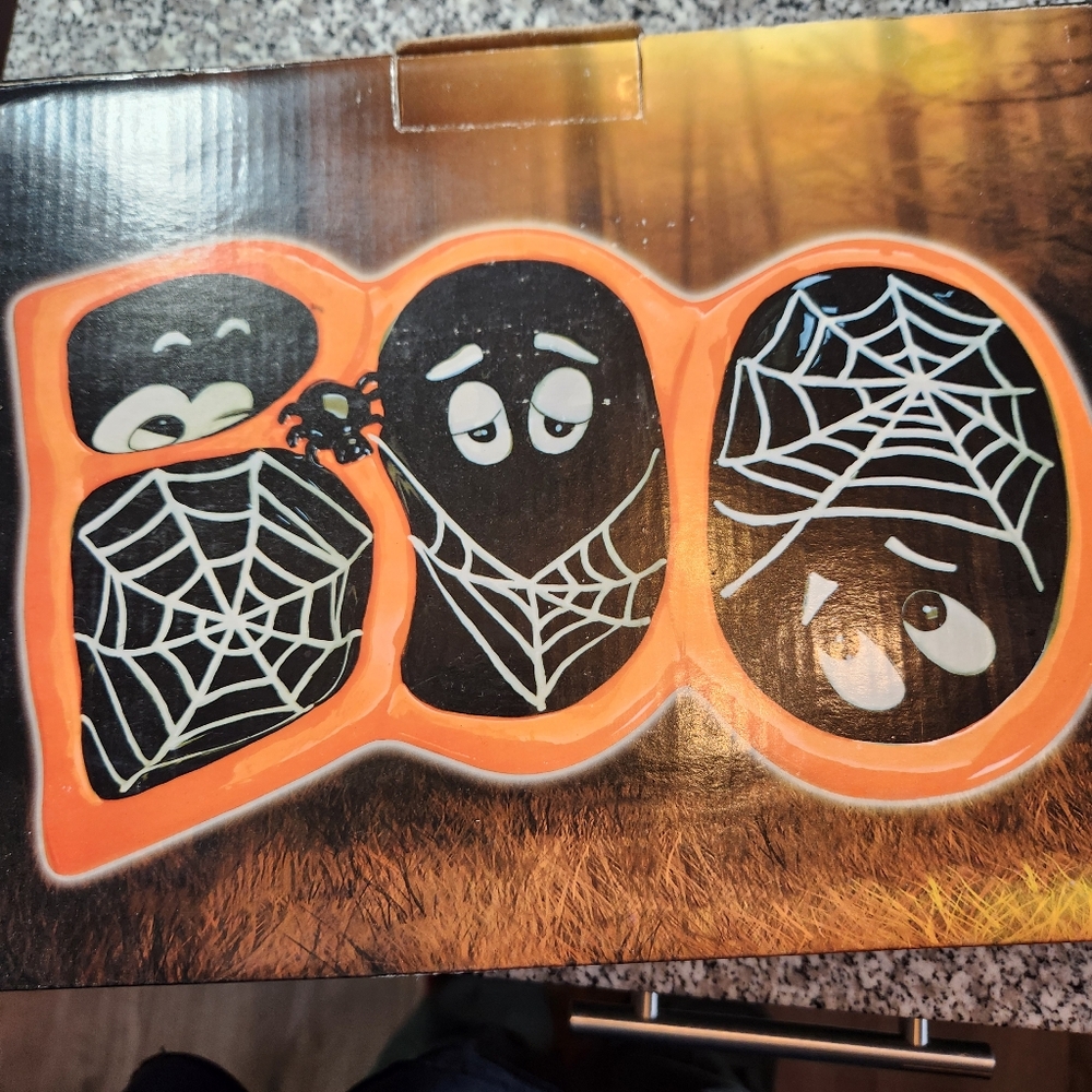 Halloween Vintage Black Orange White BOO Spider Web Ghost Ceramic Food Dish